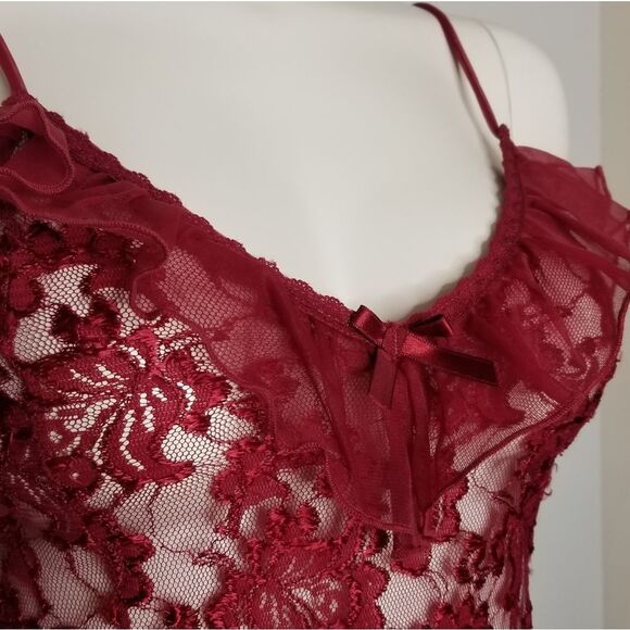 Lingerie Camisole Burgundy Solid Lace Sheer Ruffle 2 Piece Size M - Picture 5 of 10